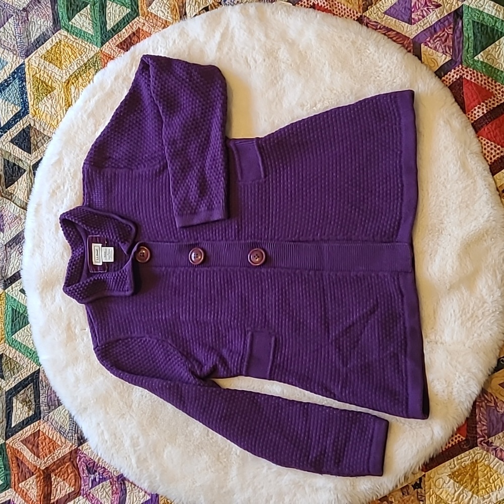 L.L. Bean Thick Purple Knit Textured Cotton Blend Button Cardigan Large